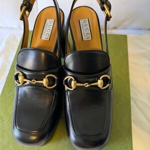 Gucci Black Leather Horsebit Slingback Mules